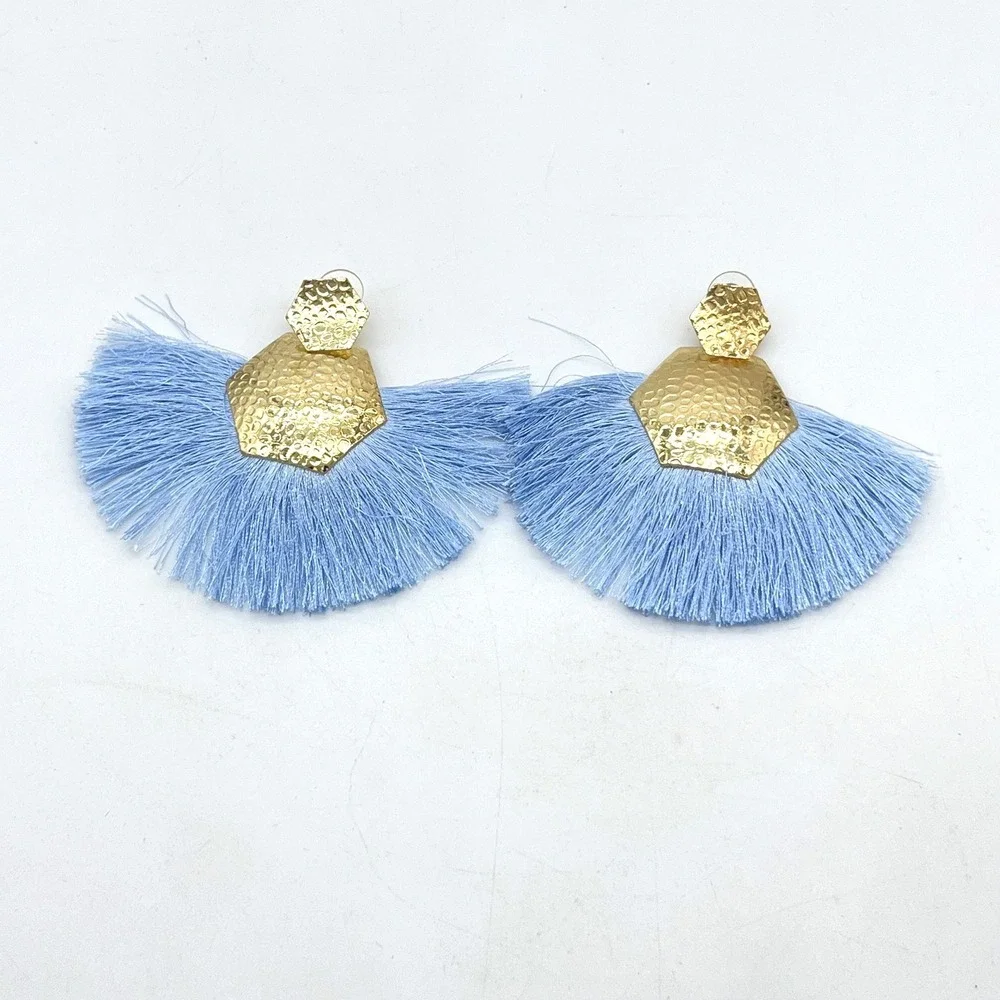 Hammered Gold Geometric Light‎ Blue Fan Tassel Statement Earrings Boho Drop